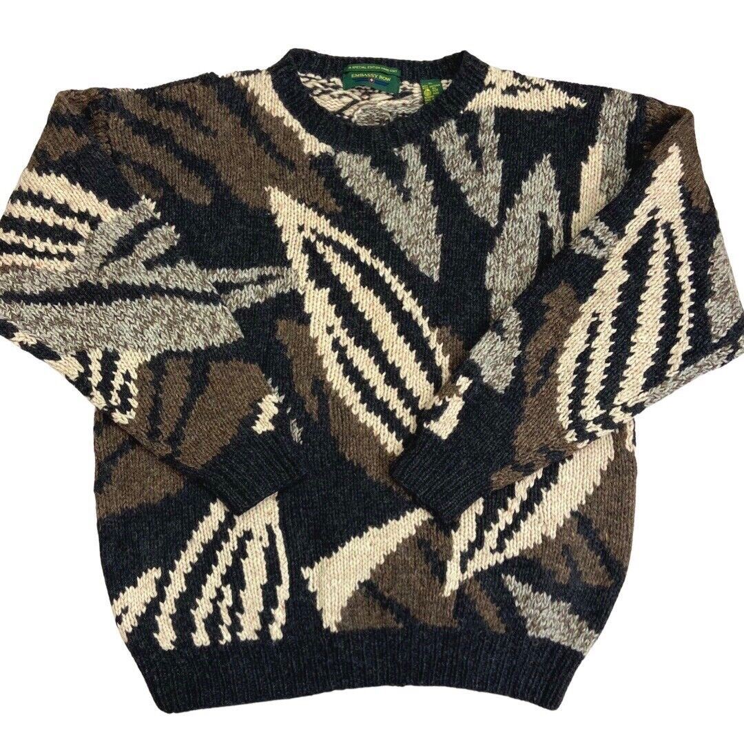 Vintage 90s Brown Grey Patterned Handknit Wool Jumper XL