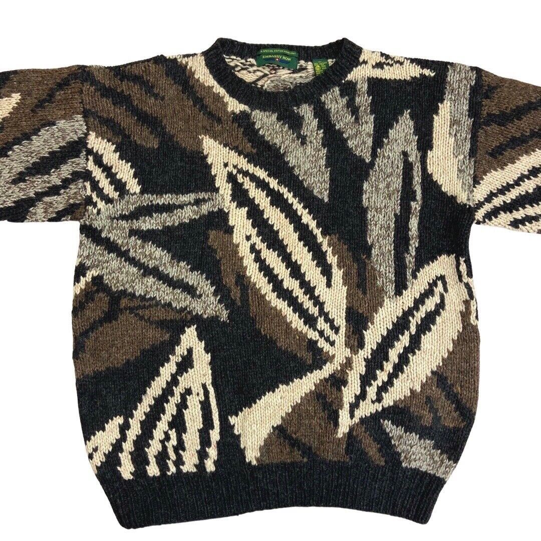 Vintage 90s Brown Grey Patterned Handknit Wool Jumper XL