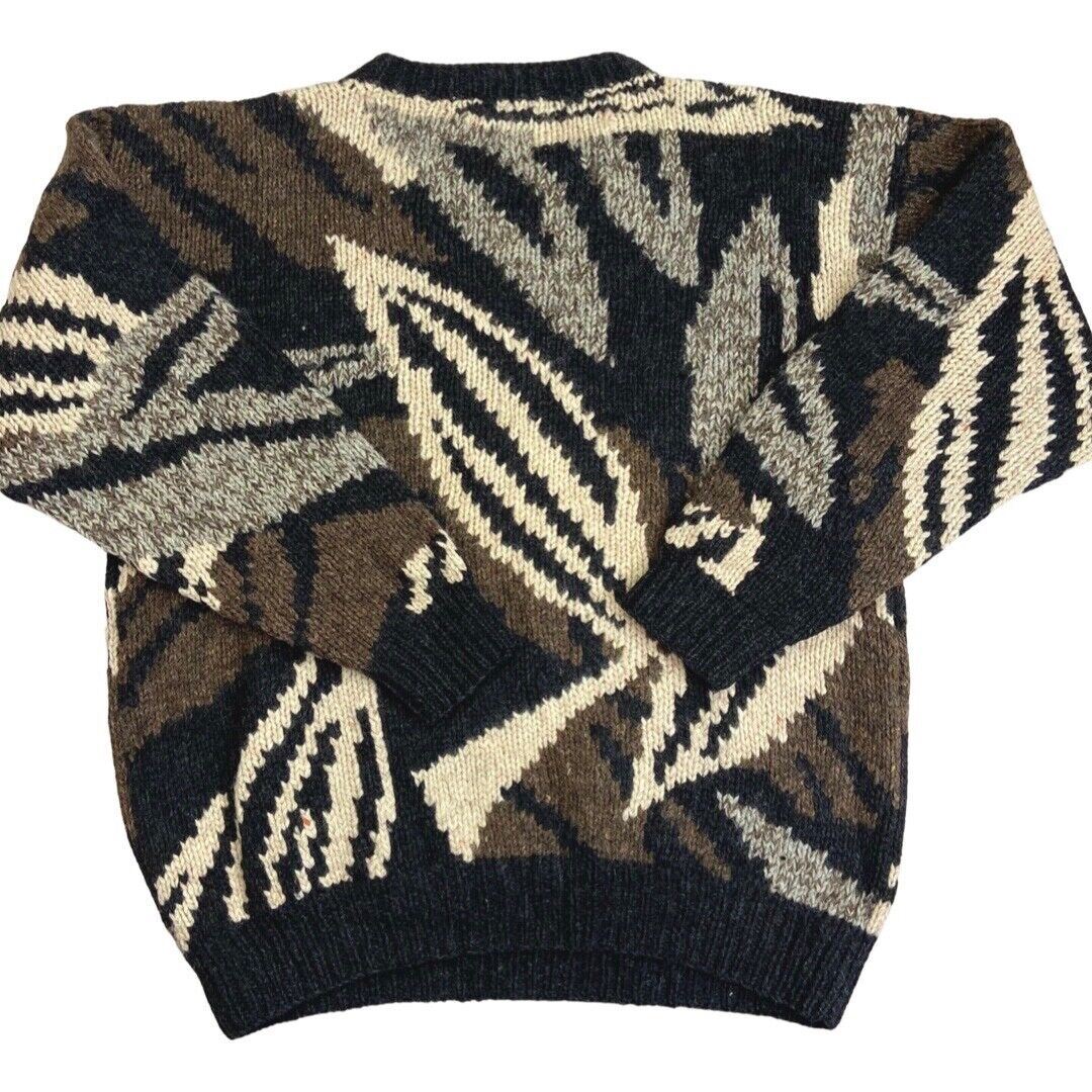 Vintage 90s Brown Grey Patterned Handknit Wool Jumper XL