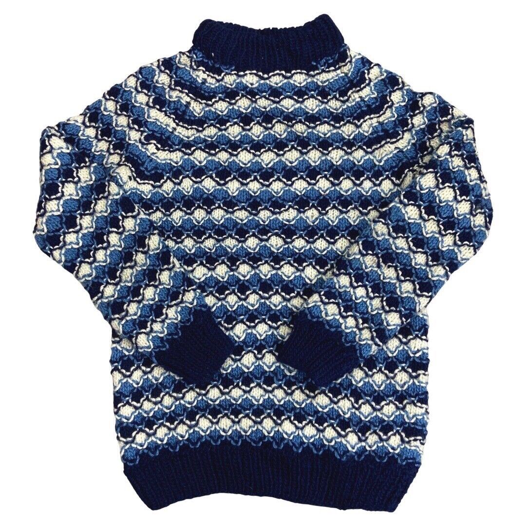 Vintage 80s 90s Blue White Diamond Mesh Handknit Jumper S