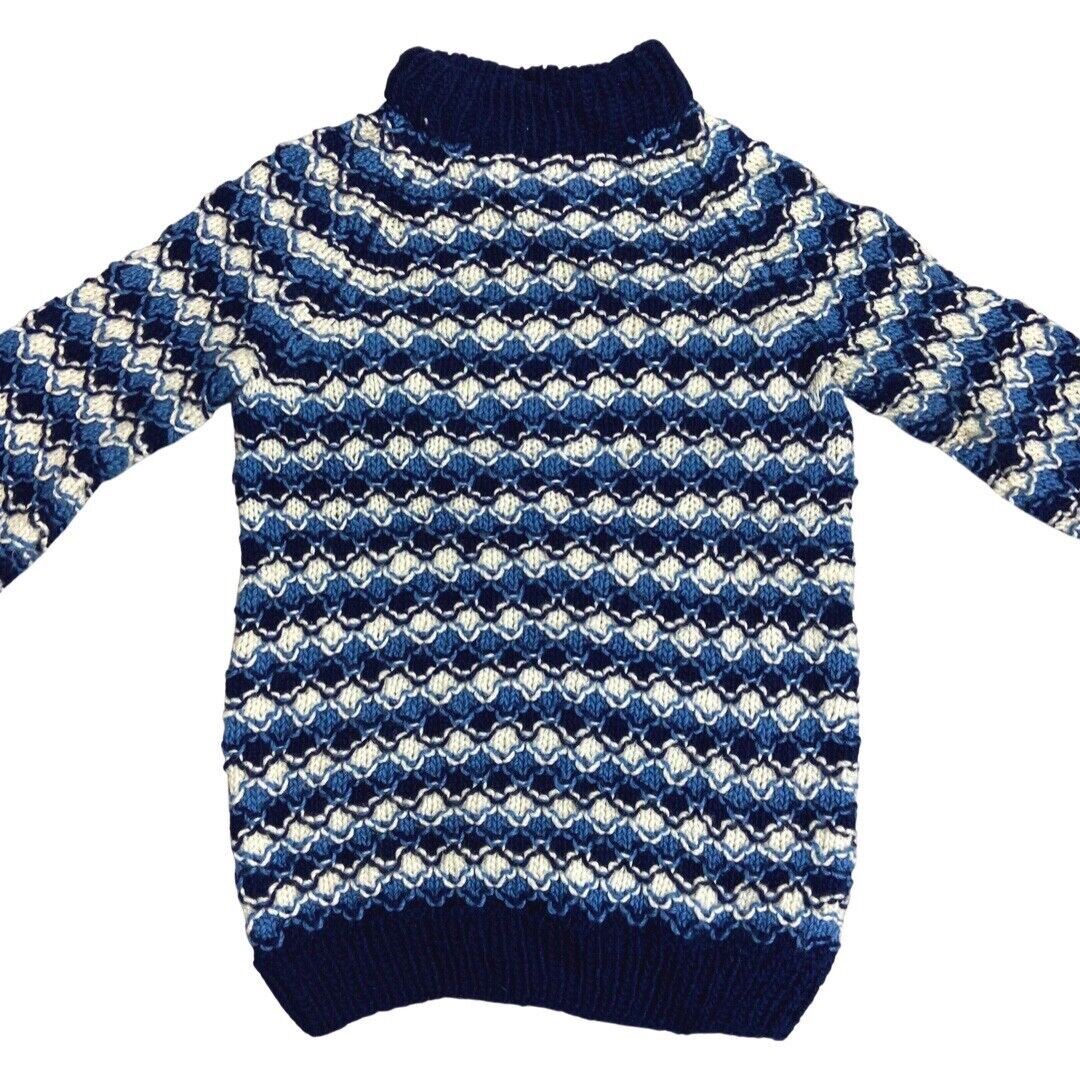 Vintage 80s 90s Blue White Diamond Mesh Handknit Jumper S