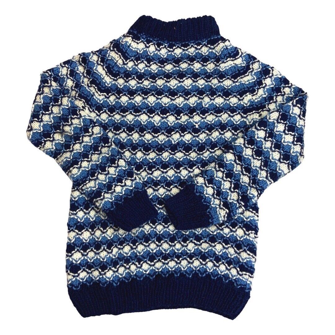 Vintage 80s 90s Blue White Diamond Mesh Handknit Jumper S