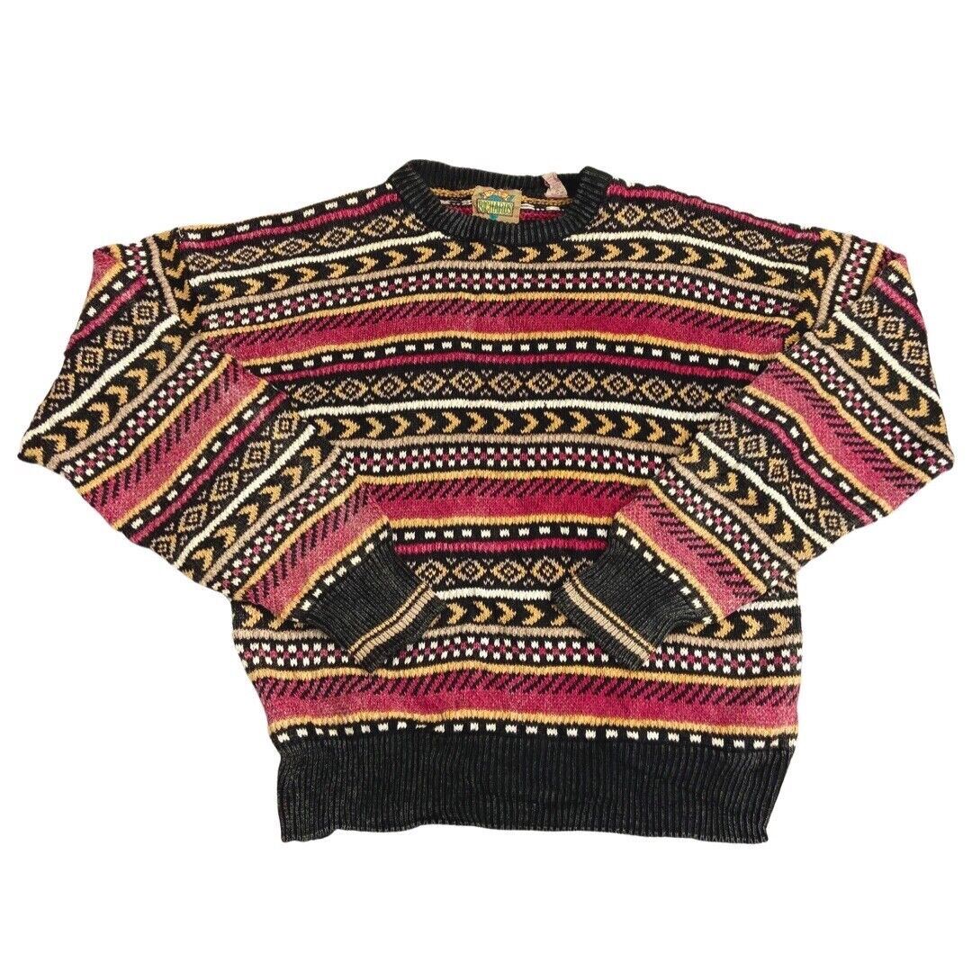 Vintage 80s 90s Pink Yellow Geometric Style Patterned Knit Jumper L