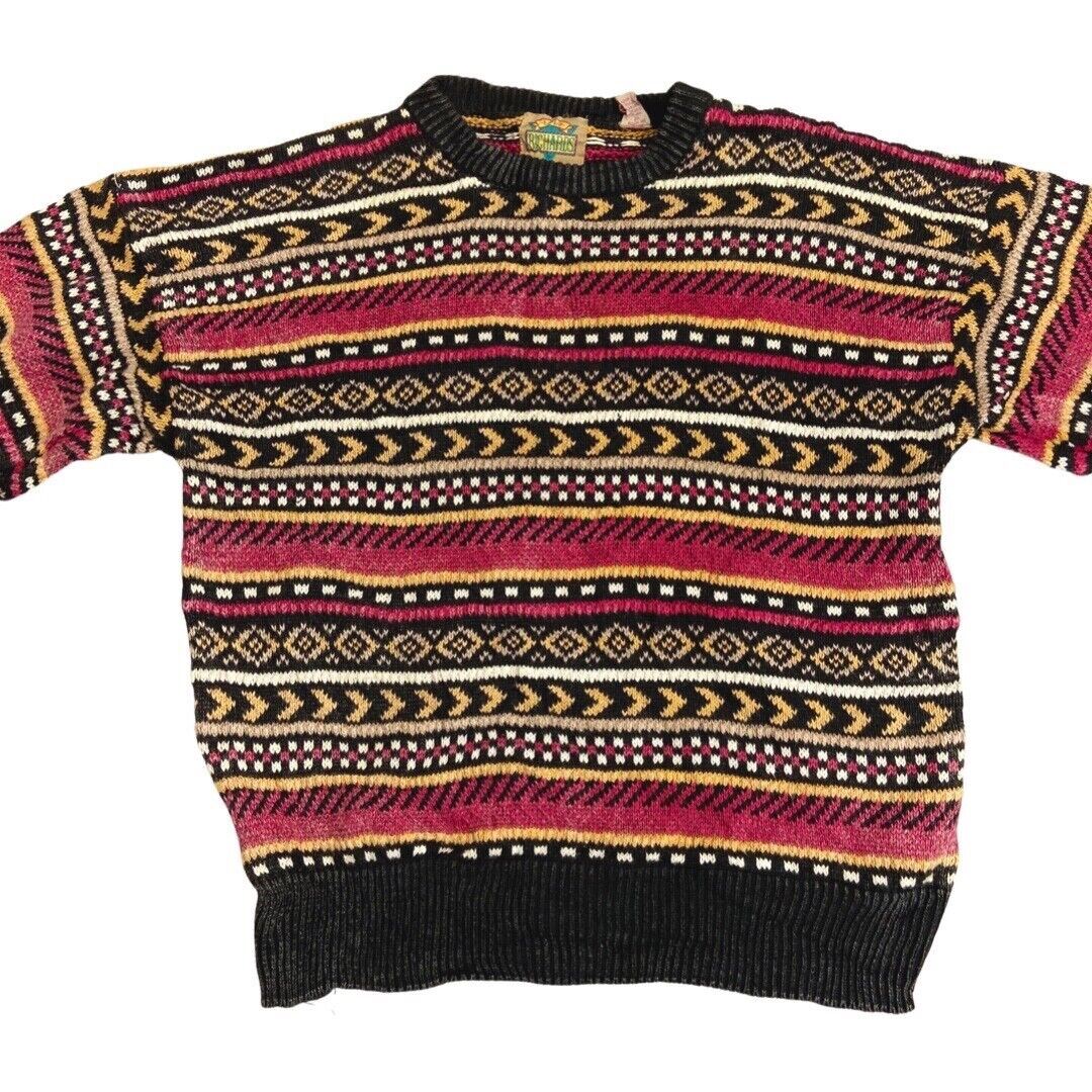Vintage 80s 90s Pink Yellow Geometric Style Patterned Knit Jumper L