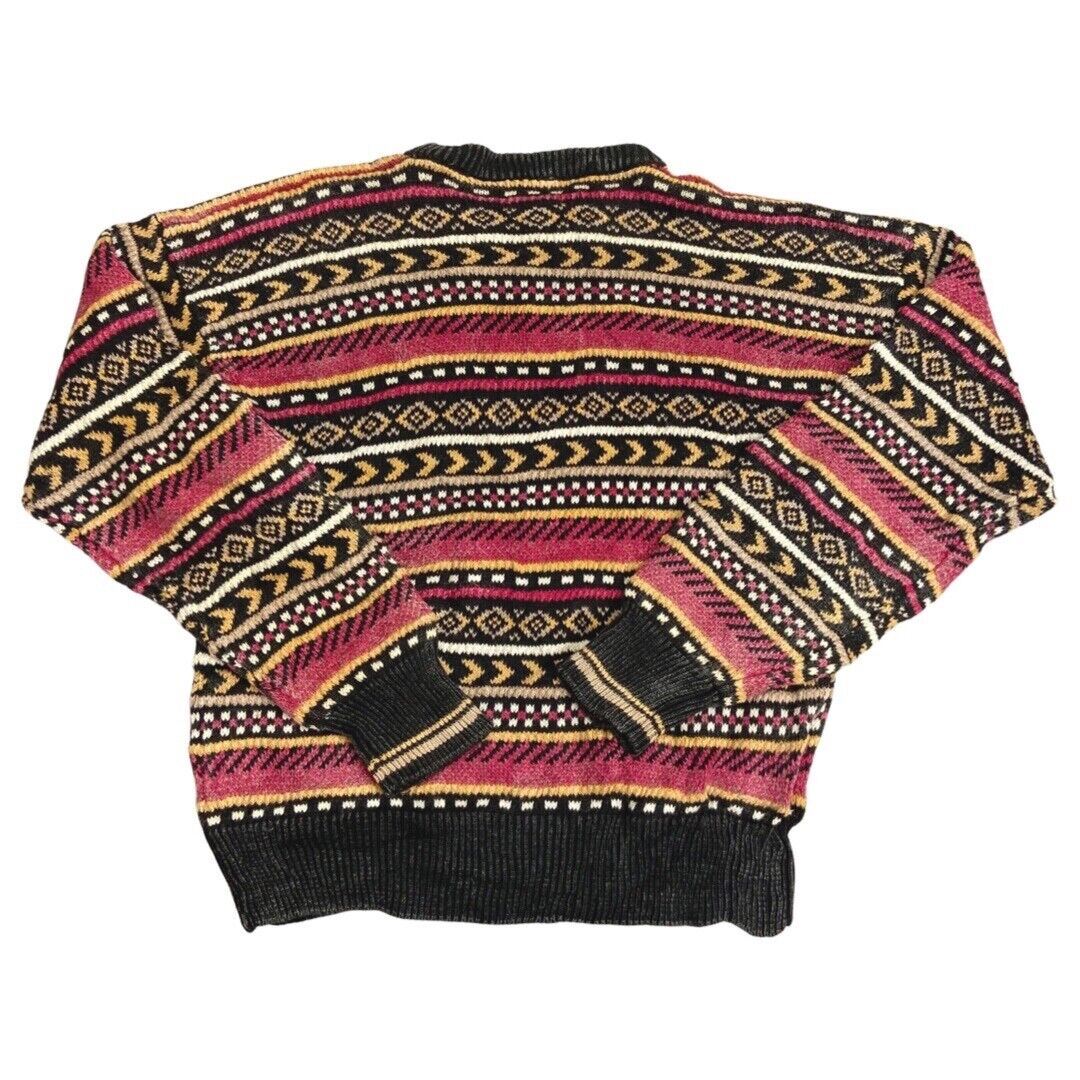 Vintage 80s 90s Pink Yellow Geometric Style Patterned Knit Jumper L
