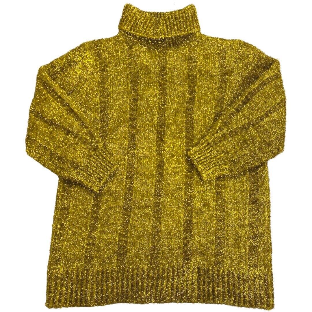 VTG 80s 90s Gold Glitter Roll Neck Disco Tinsel oversize Jumper 14 16 18 20 22