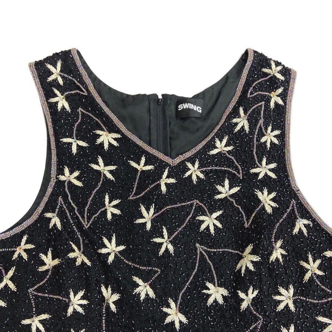Vintage 90s Black Floral Embellished Sparkly Disco Top 12 14 M