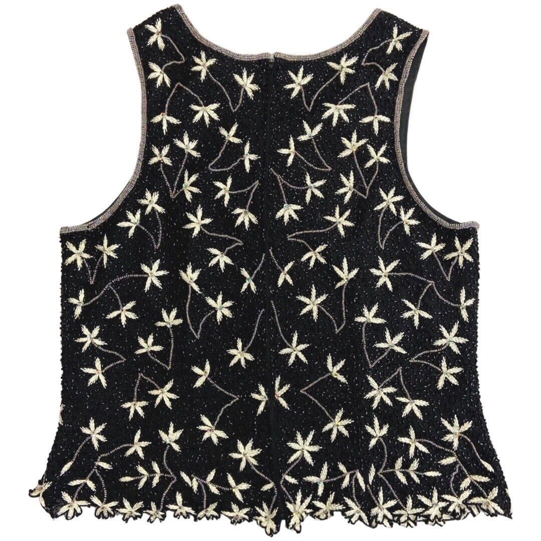 Vintage 90s Black Floral Embellished Sparkly Disco Top 12 14 M