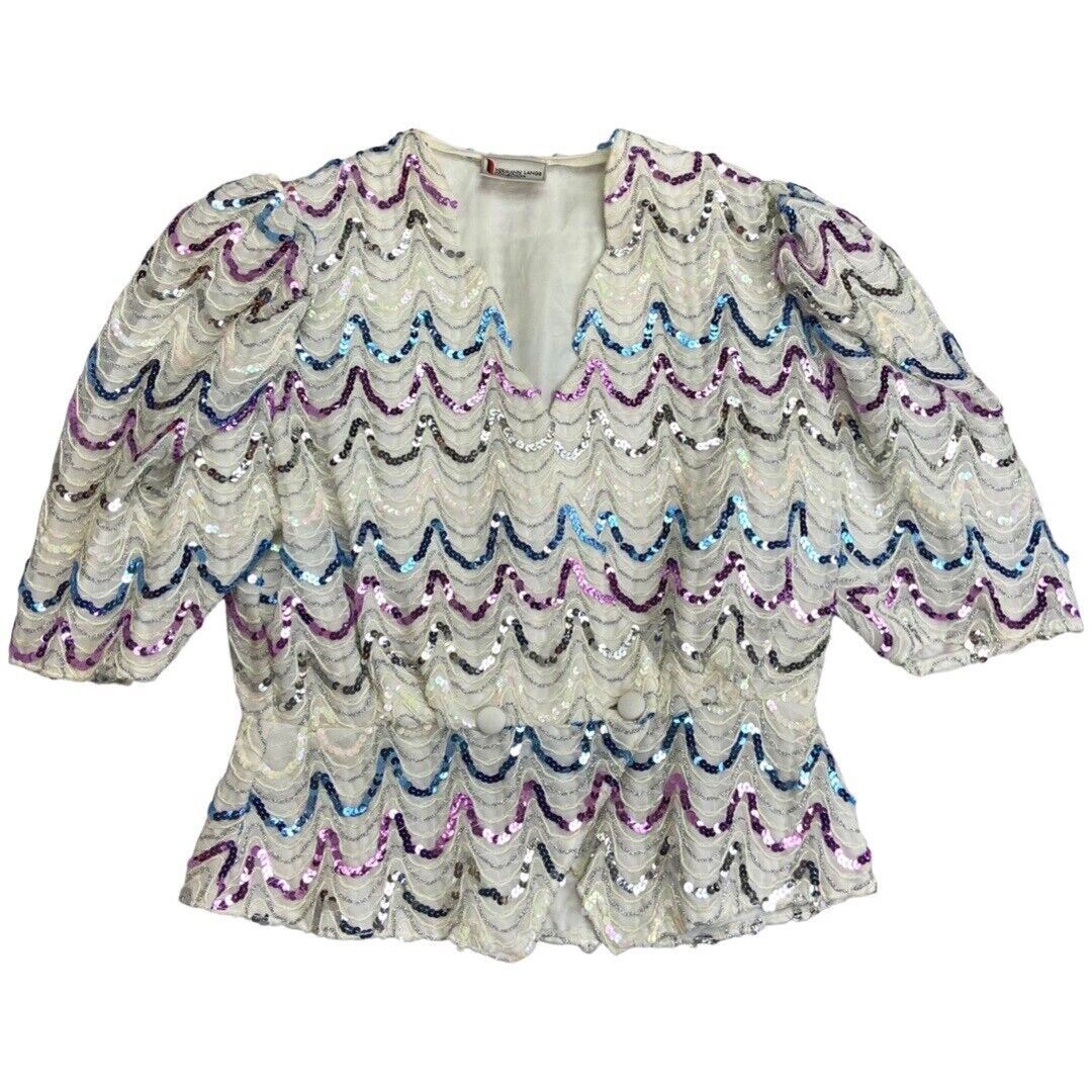 Vintage 80s White Sequin Puff Sleeve Embellished Party Blouse 12 14 M