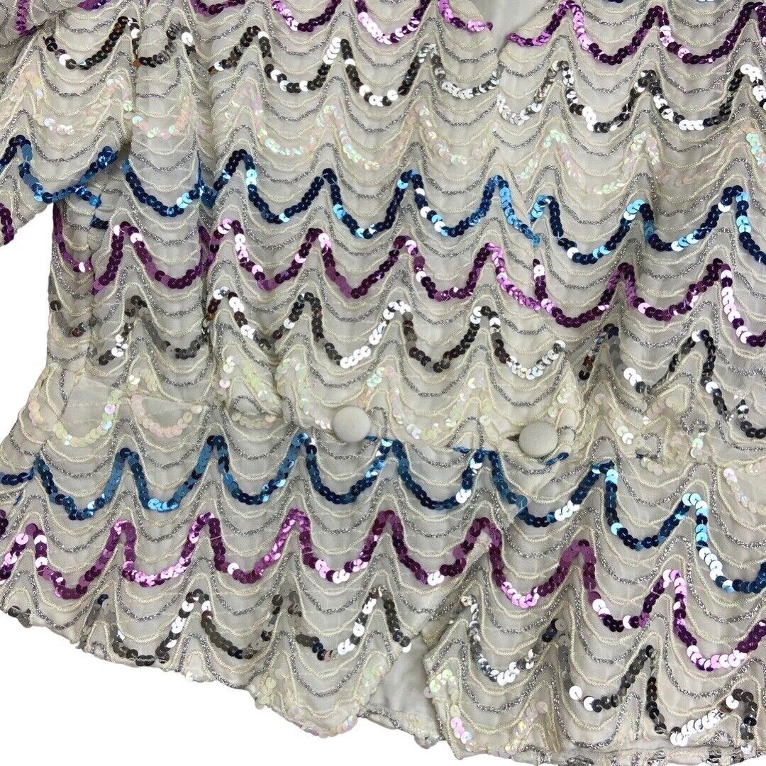 Vintage 80s White Sequin Puff Sleeve Embellished Party Blouse 12 14 M
