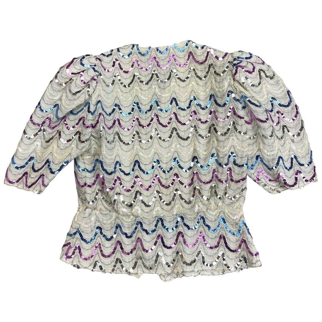 Vintage 80s White Sequin Puff Sleeve Embellished Party Blouse 12 14 M