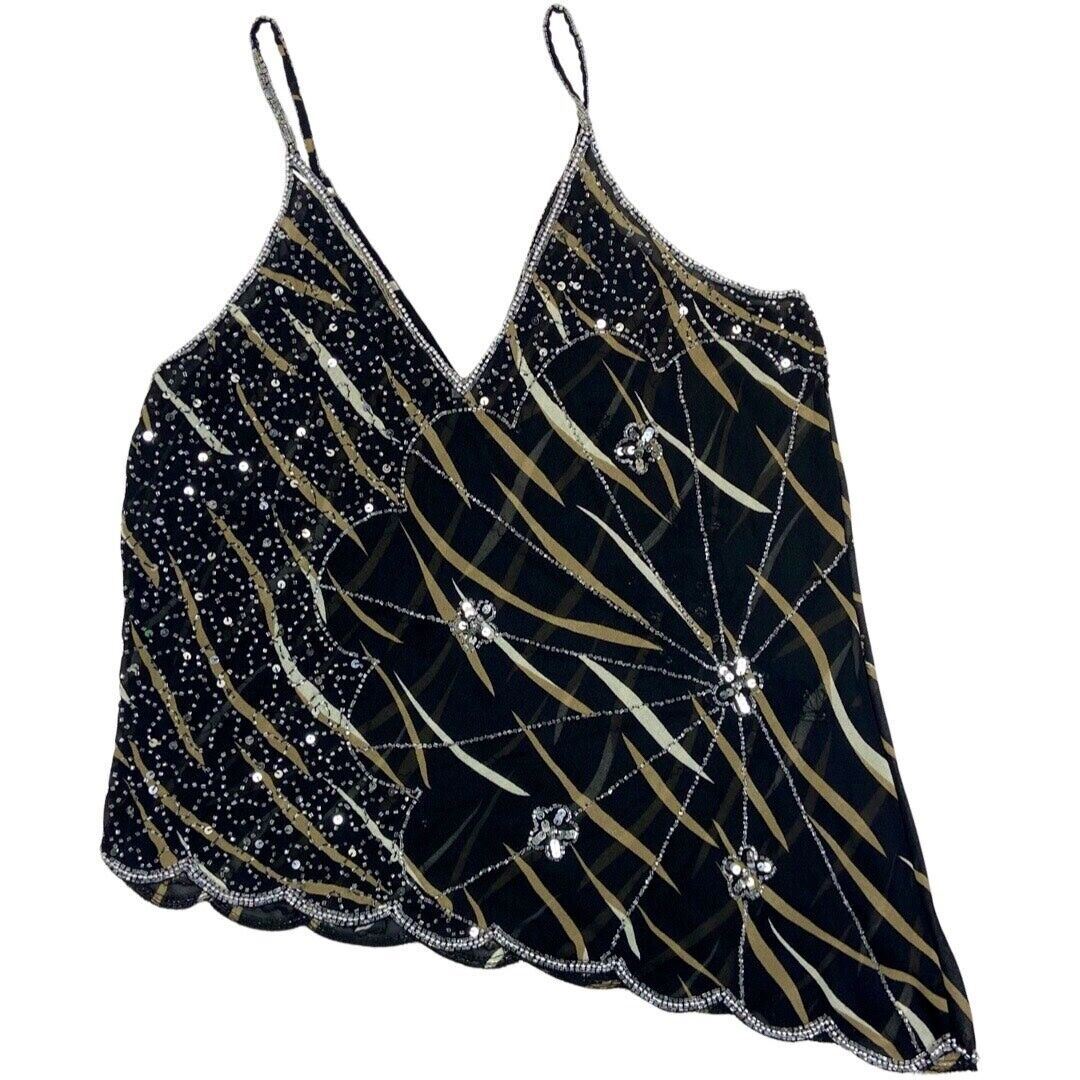 Vintage 90s 00s Black Mesh Embellished Asymmetrical Sparkly Disco Cami Top 16 L
