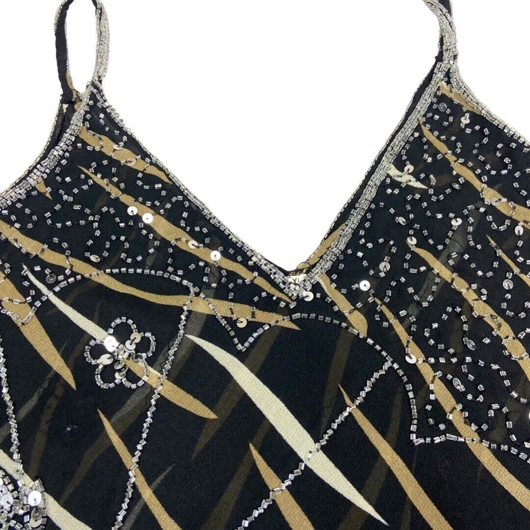 Vintage 90s 00s Black Mesh Embellished Asymmetrical Sparkly Disco Cami Top 16 L