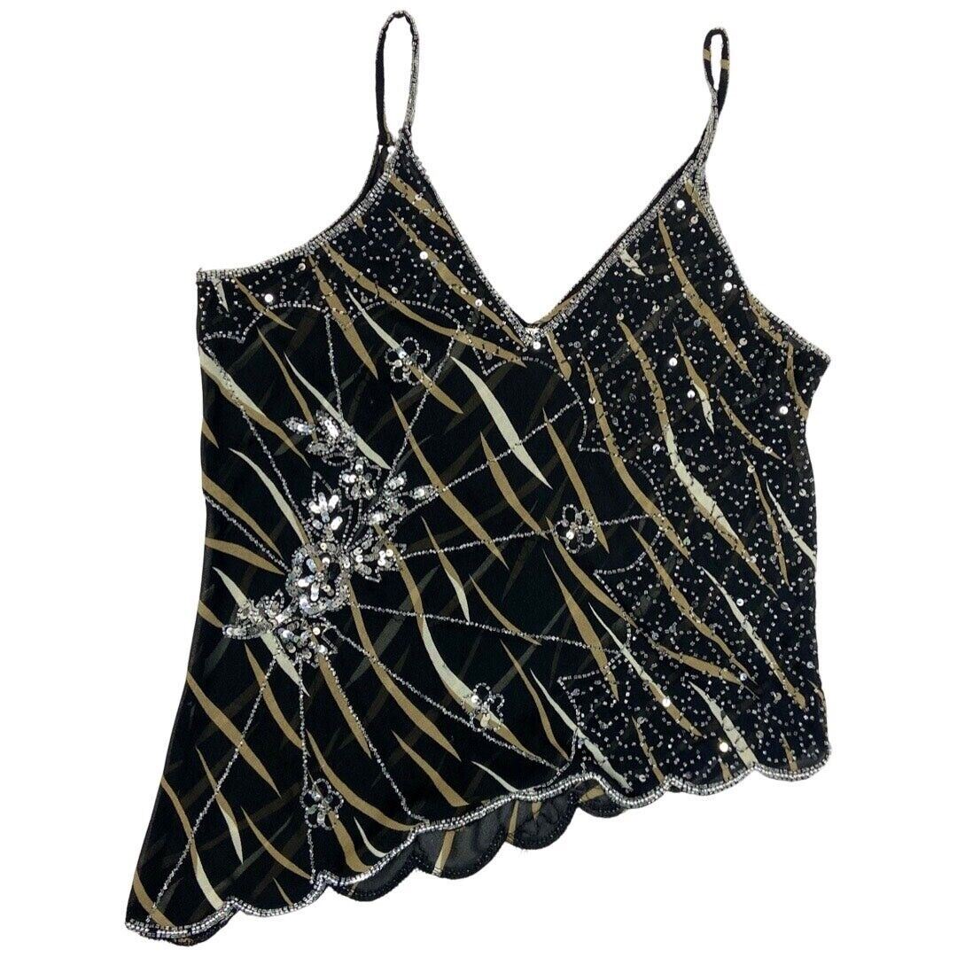 Vintage 90s 00s Black Mesh Embellished Asymmetrical Sparkly Disco Cami Top 16 L