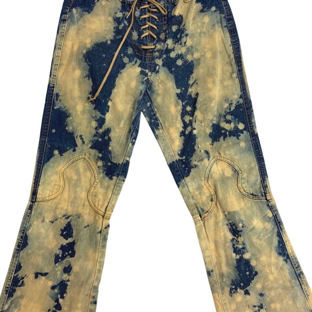 Vintage 90s Y2K Blue Bleach Denim Flared Lace Up Detail Mid Rise Jeans 8 10 S