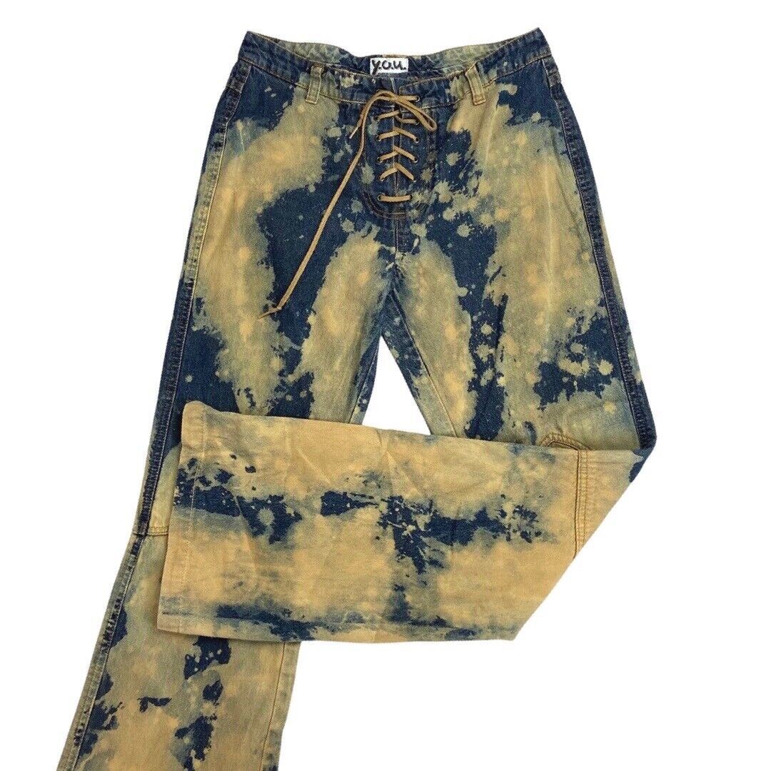 Vintage 90s Y2K Blue Bleach Denim Flared Lace Up Detail Mid Rise Jeans 8 10 S