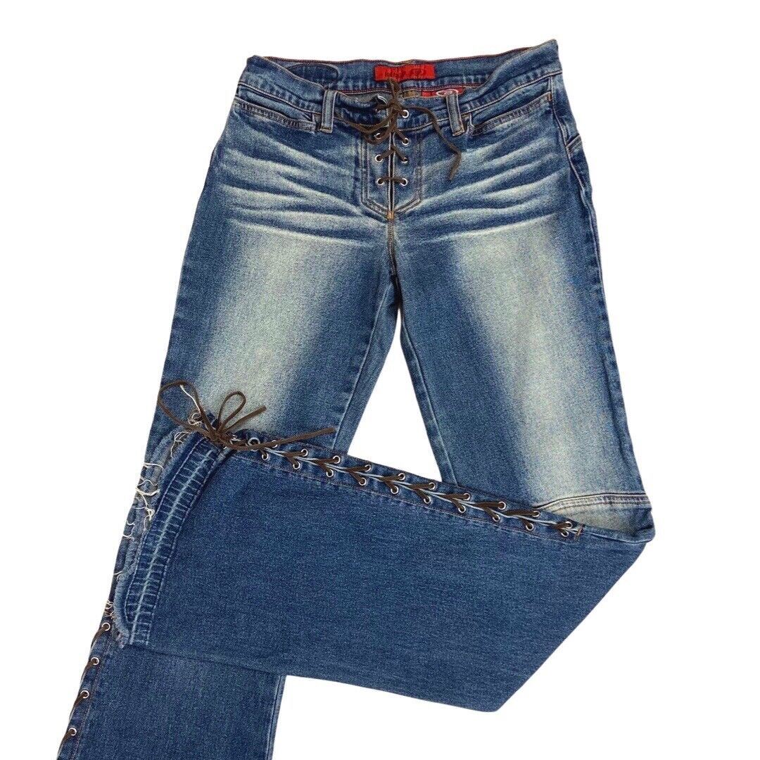 Vintage 90s Y2K Blue Denim Flared Lace Up Detail Low Rise Jeans 8 10 S