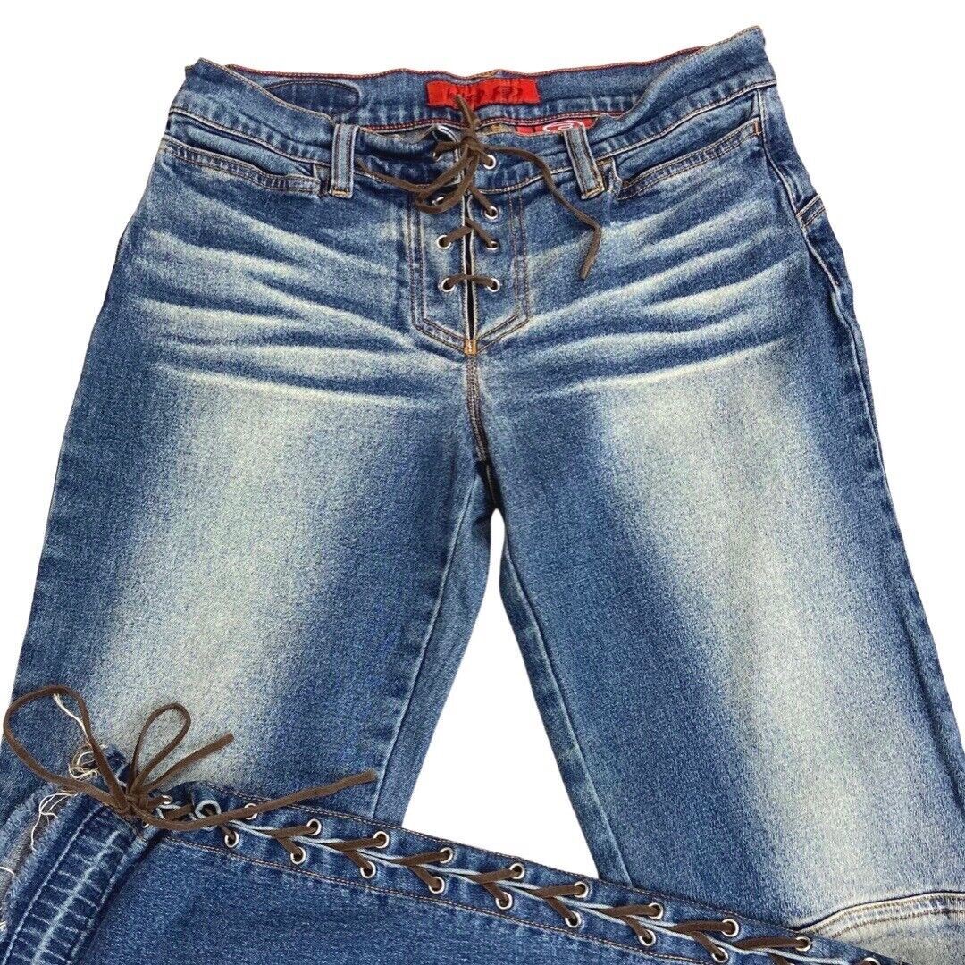 Vintage 90s Y2K Blue Denim Flared Lace Up Detail Low Rise Jeans 8 10 S