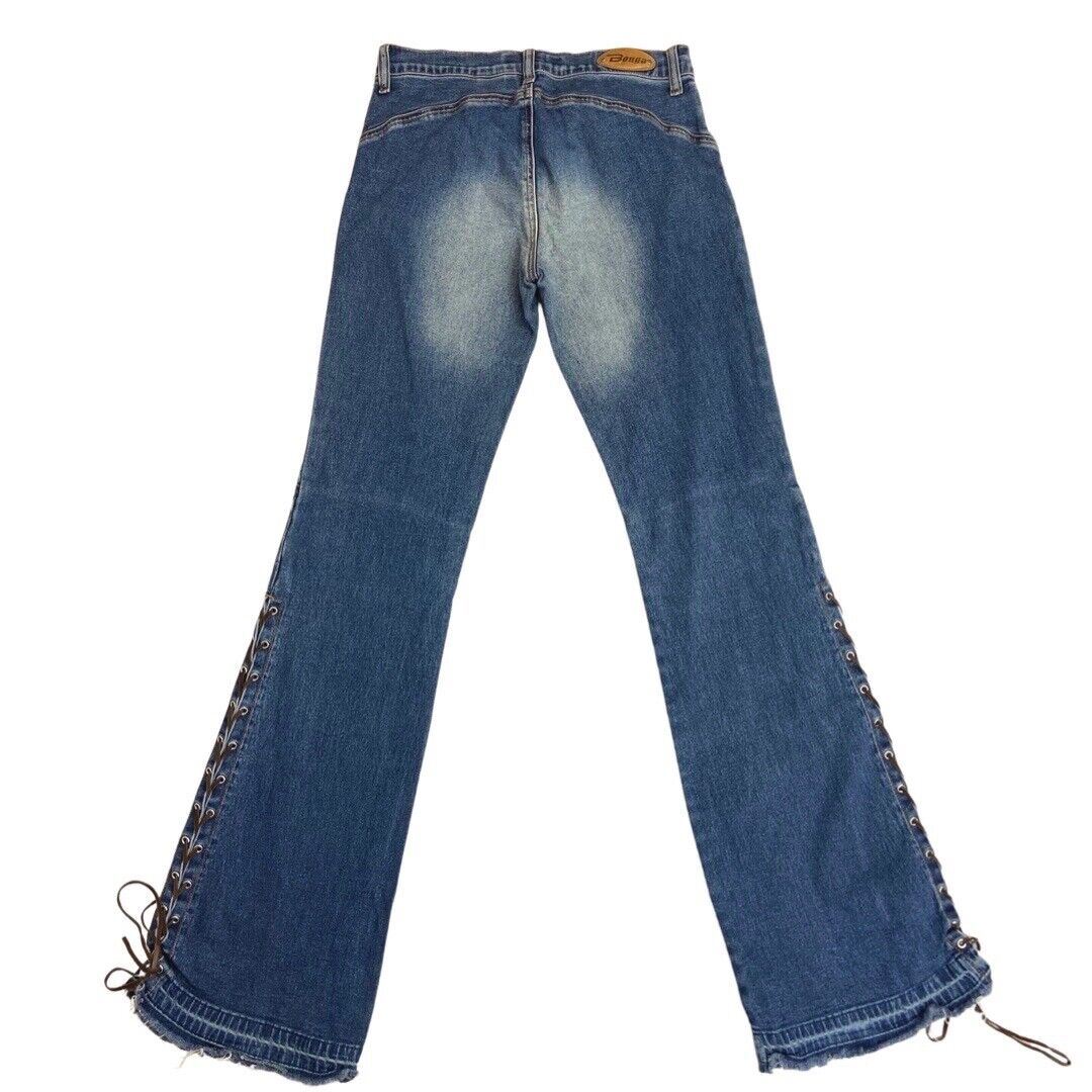 Vintage 90s Y2K Blue Denim Flared Lace Up Detail Low Rise Jeans 8 10 S