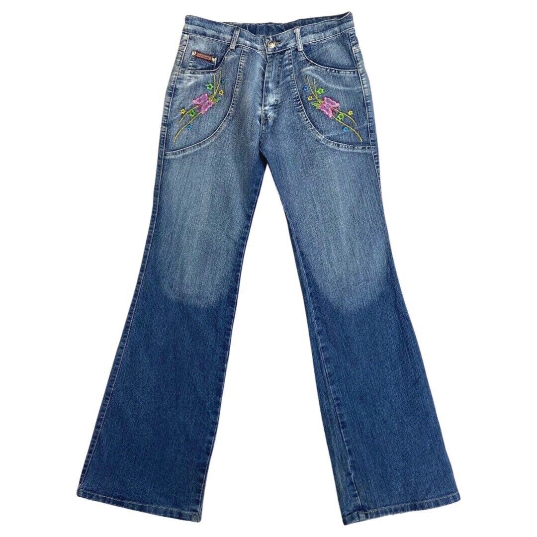 Vintage 90s Y2K Blue Flared Mid Rise Embroidered Jeans 8 S