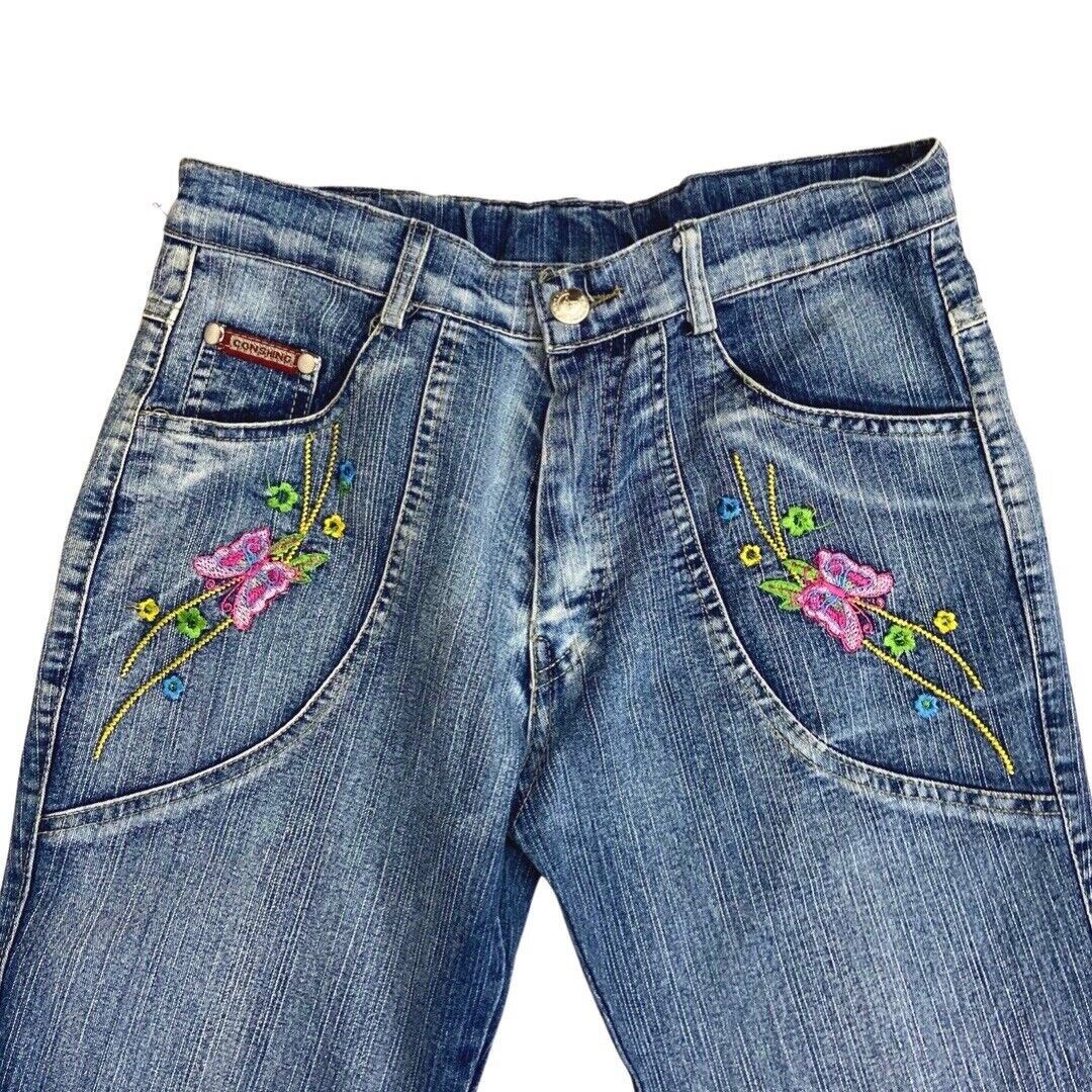 Vintage 90s Y2K Blue Flared Mid Rise Embroidered Jeans 8 S