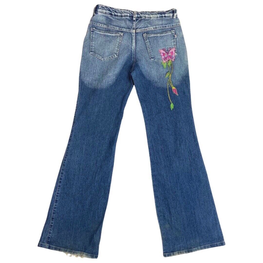 Vintage 90s Y2K Blue Flared Mid Rise Embroidered Jeans 8 S