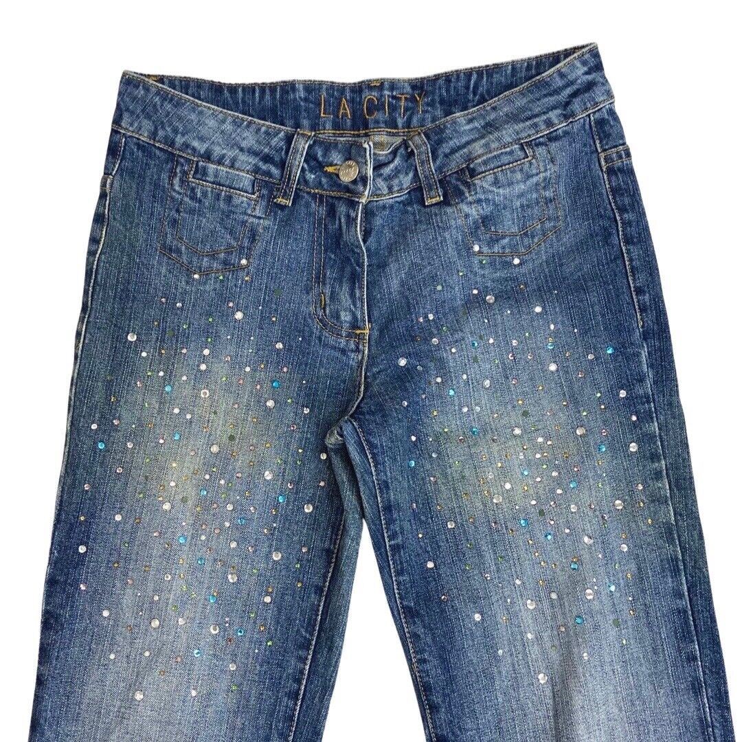 Vintage 90s Y2K Blue Denim Embellished Mid Rise Bootcut Jeans 8 10 S