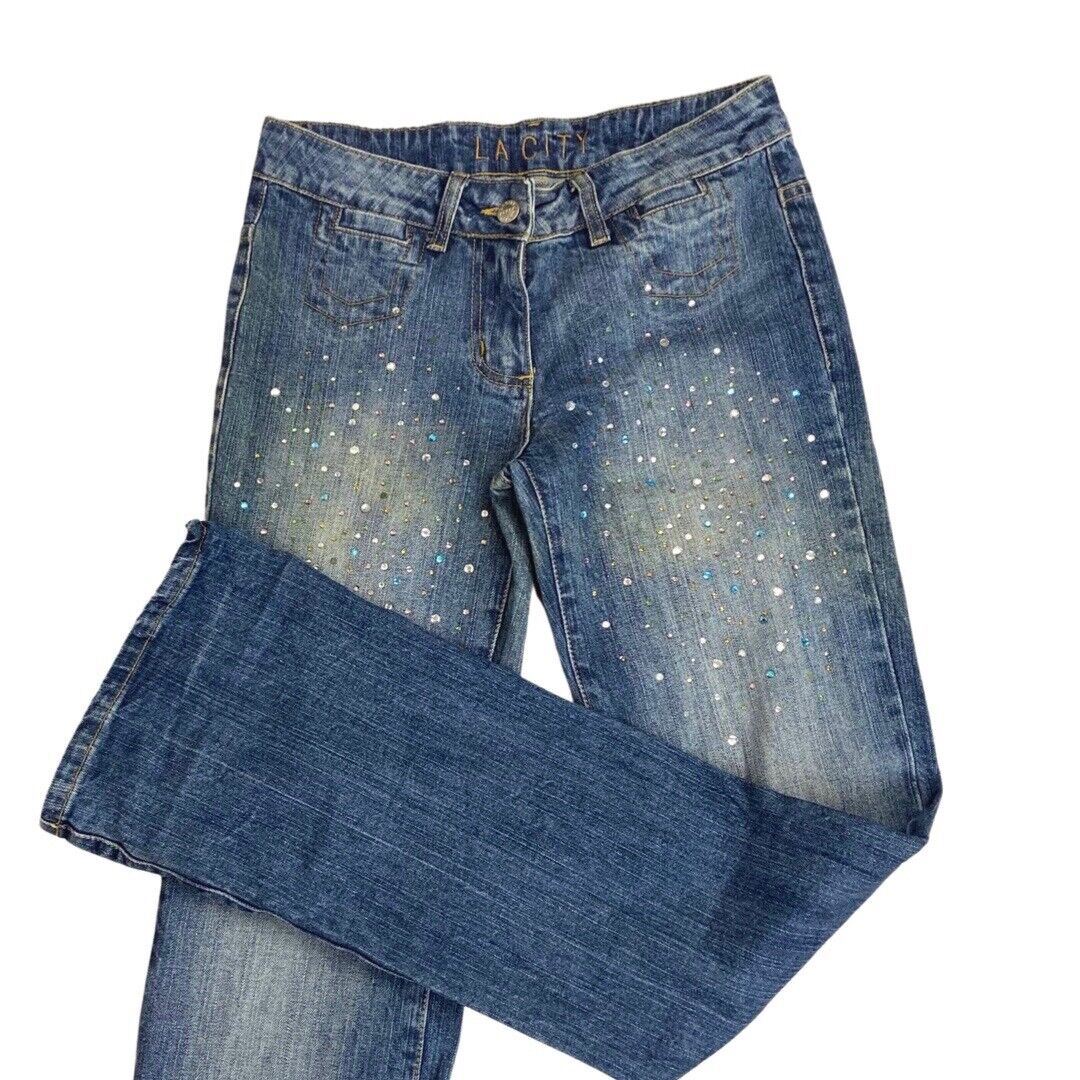 Vintage 90s Y2K Blue Denim Embellished Mid Rise Bootcut Jeans 8 10 S