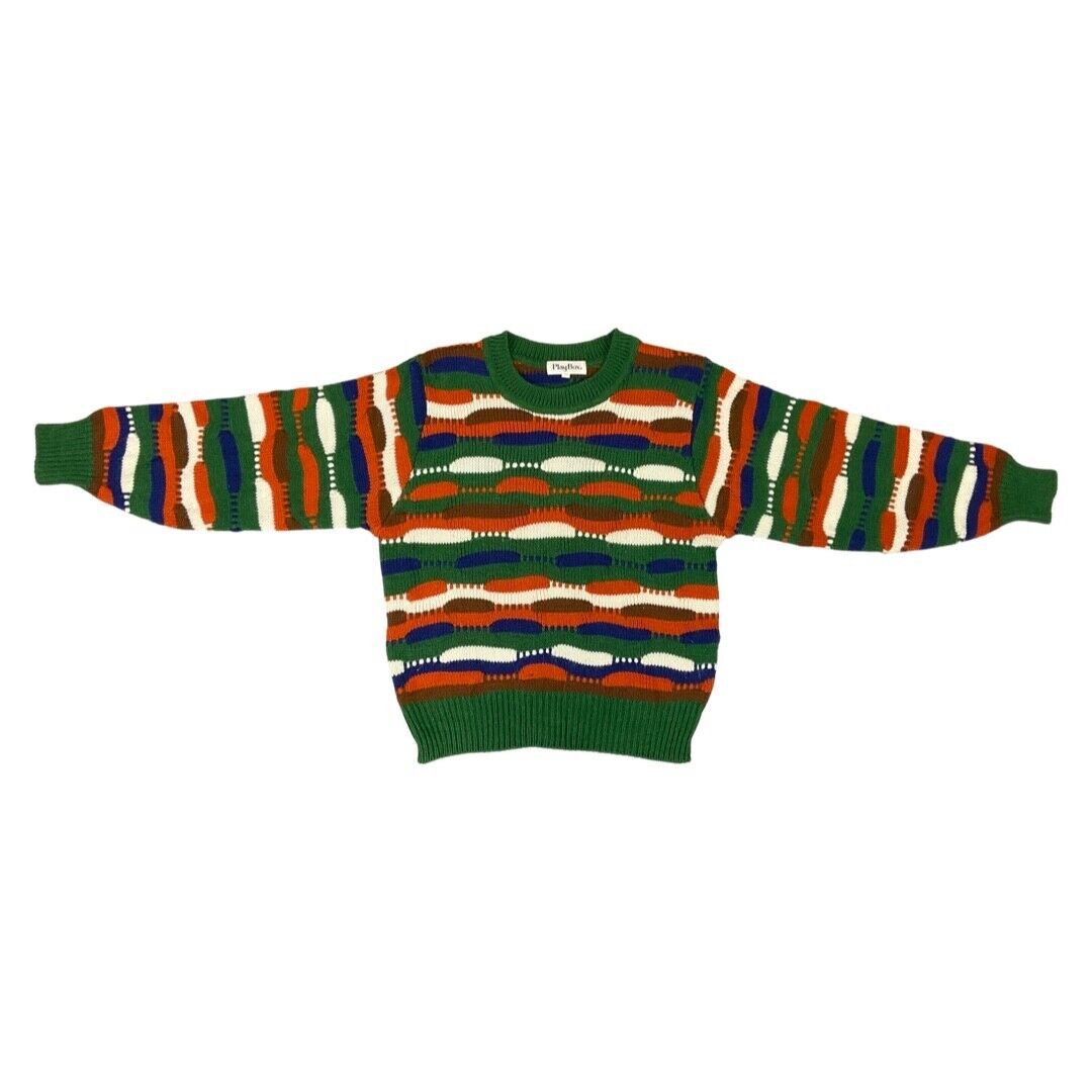 Vintage 80s 90s Orange Green Wavy Patterned Knitted Jumper 8 10