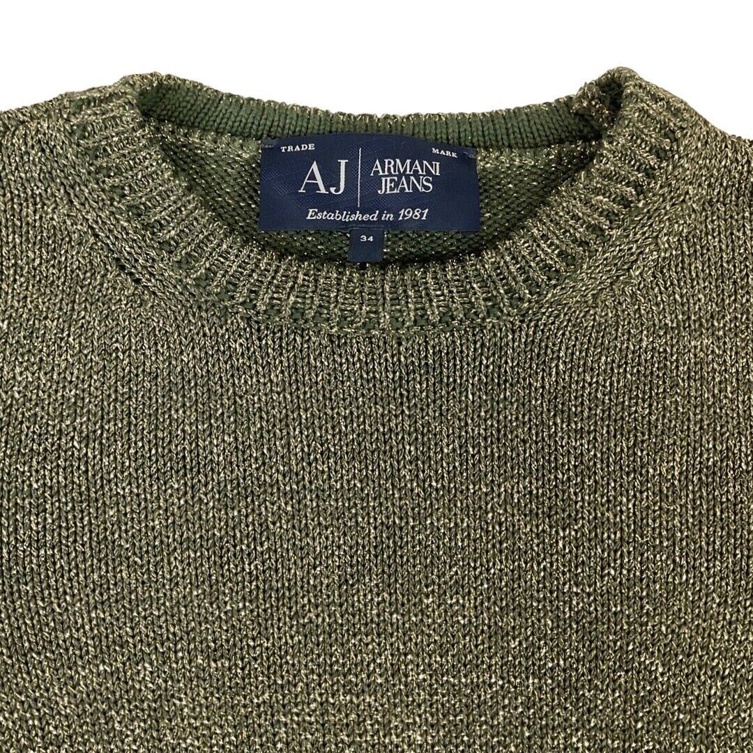 Vintage 90s 00s Khaki Green Gold Armani Jeans Lurex Slim-Fit Knitted Jumper 8