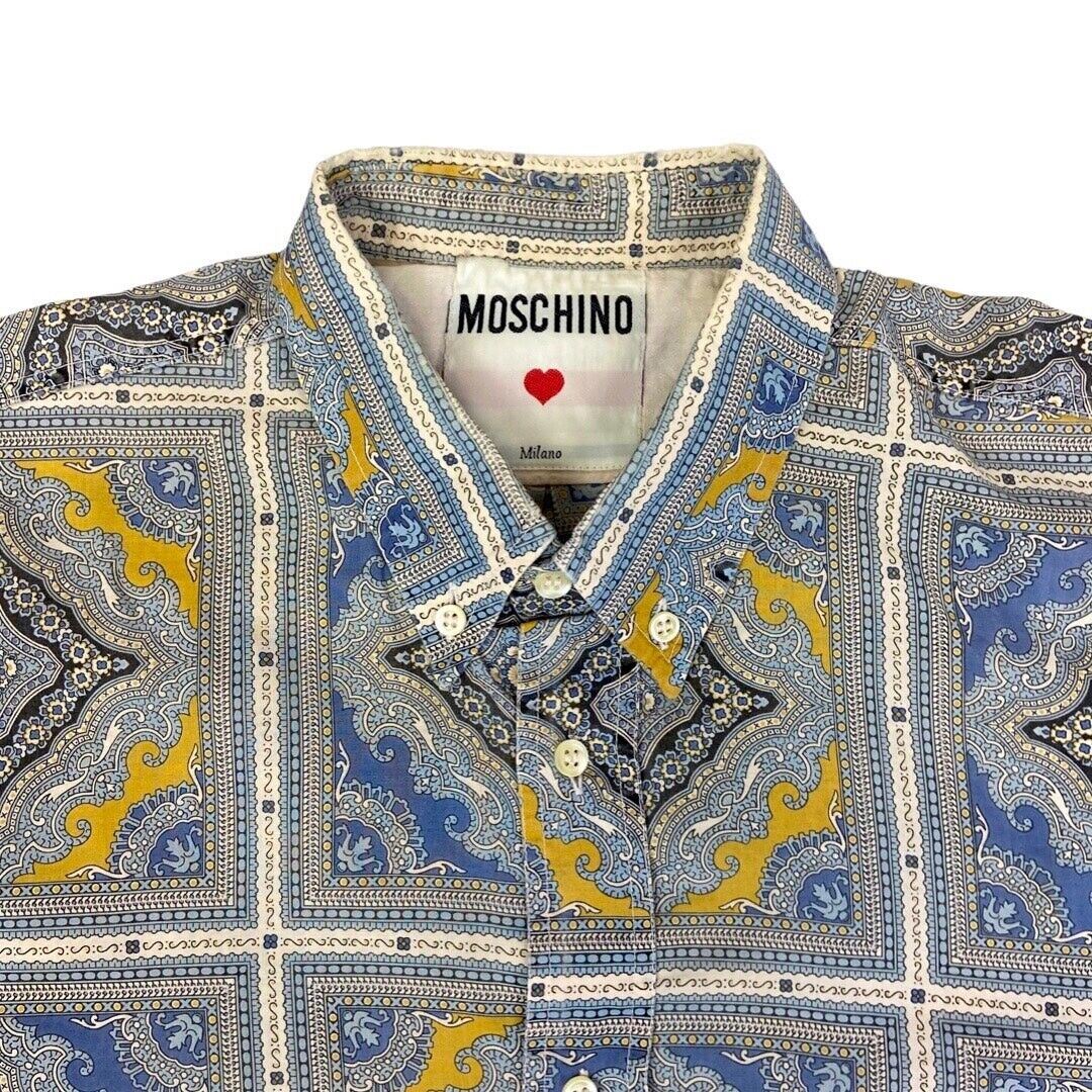 Vintage 90s Blue Yellow Moschino Baroque Patterned Button Down Shirt L