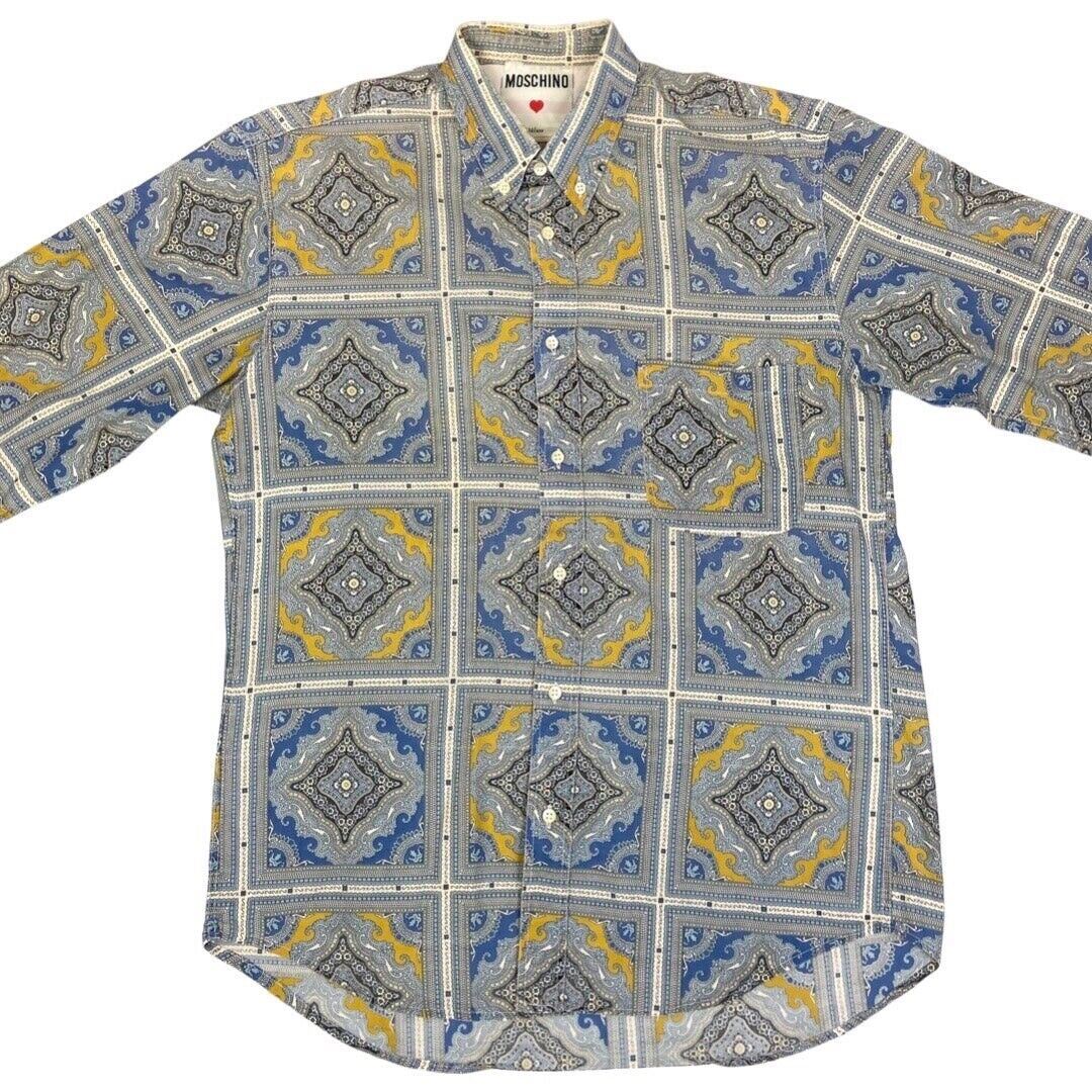 Vintage 90s Blue Yellow Moschino Baroque Patterned Button Down Shirt L