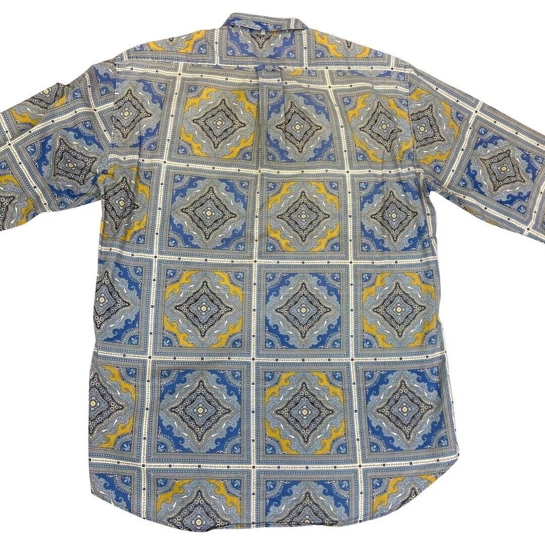 Vintage 90s Blue Yellow Moschino Baroque Patterned Button Down Shirt L