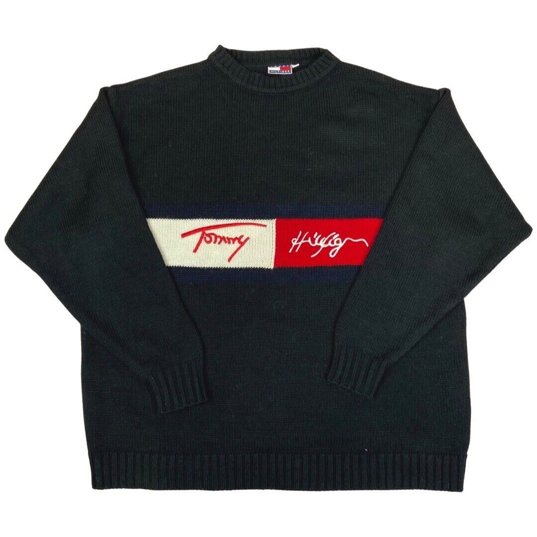 Vintage 90s 00s Black Embroidered Tommy Hilfiger Knit Sweater L