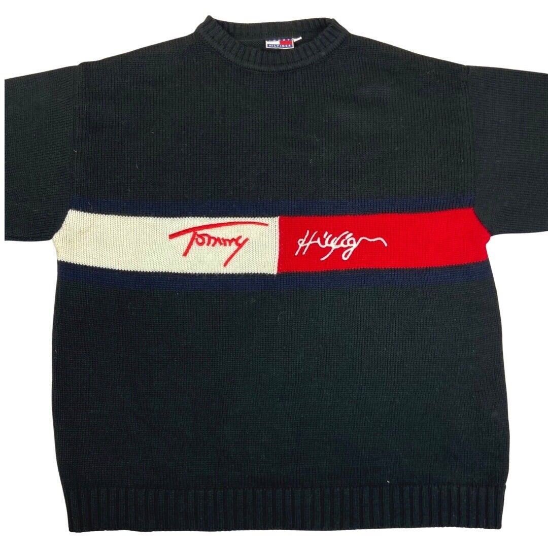 Vintage 90s 00s Black Embroidered Tommy Hilfiger Knit Sweater L