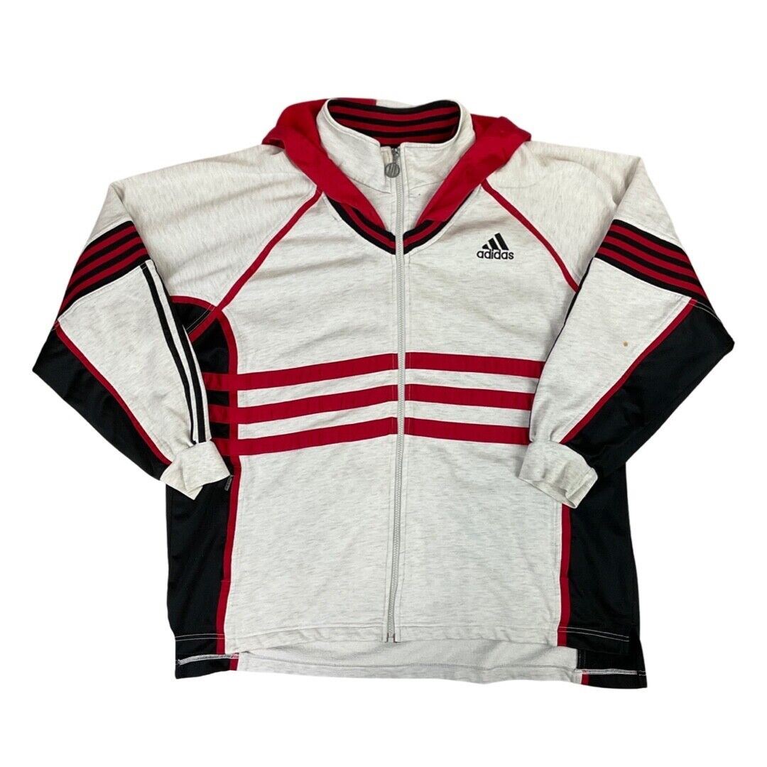 Vintage 90s Grey Red Zip Up Adidas Hooded Embroidered Hoodie Track Top L XL
