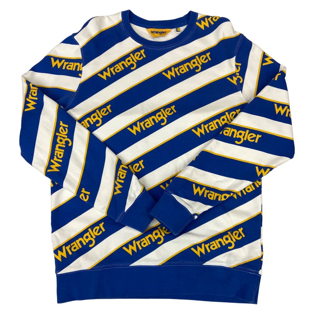 00s Blue Yellow White Striped Wrangler Crew Neck Jumper L