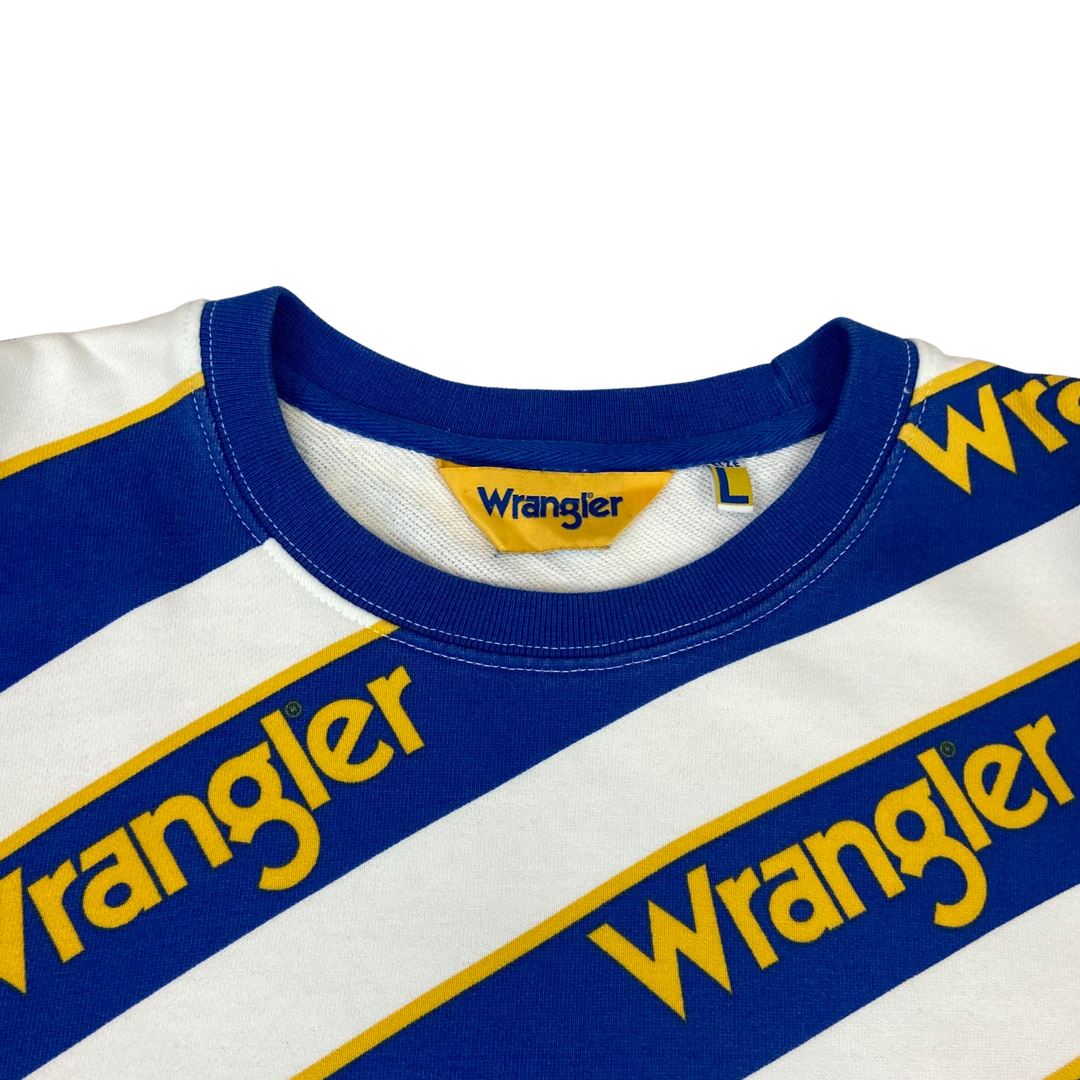 00s Blue Yellow White Striped Wrangler Crew Neck Jumper L