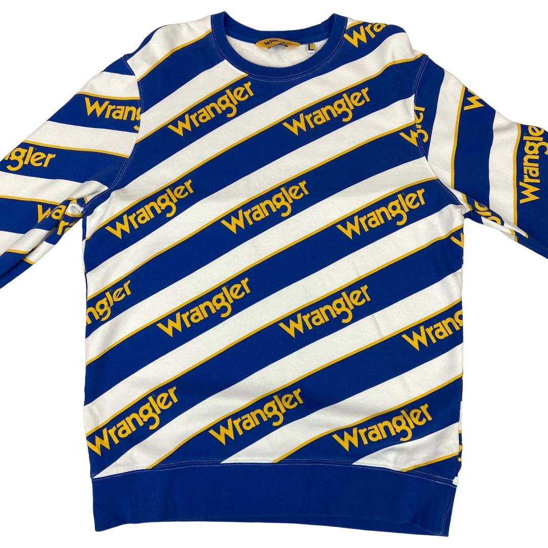 00s Blue Yellow White Striped Wrangler Crew Neck Jumper L