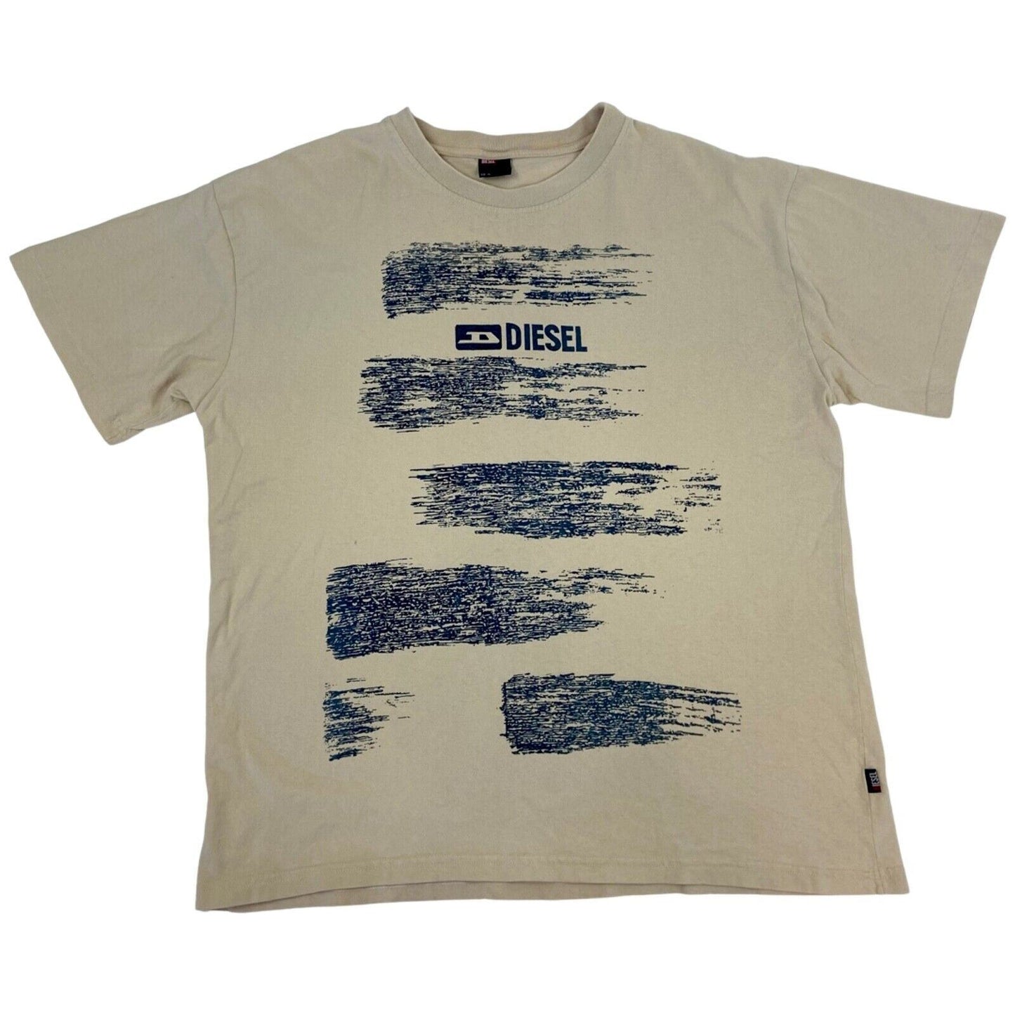Vintage Y2K Cream Blue Diesel Graphic Print T-shirt L