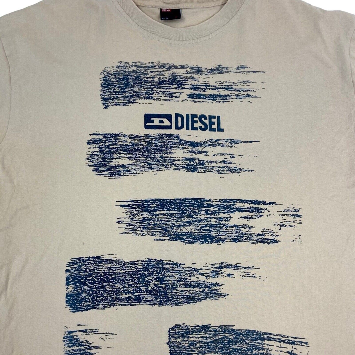 Vintage Y2K Cream Blue Diesel Graphic Print T-shirt L