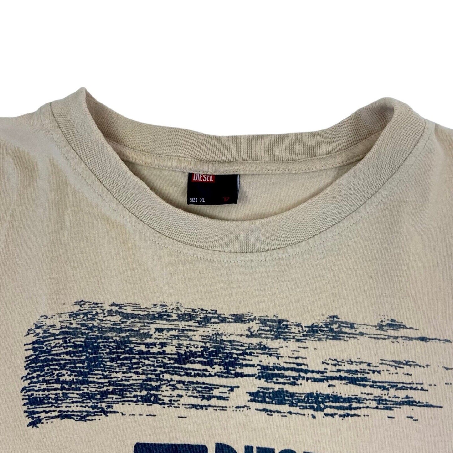 Vintage Y2K Cream Blue Diesel Graphic Print T-shirt L