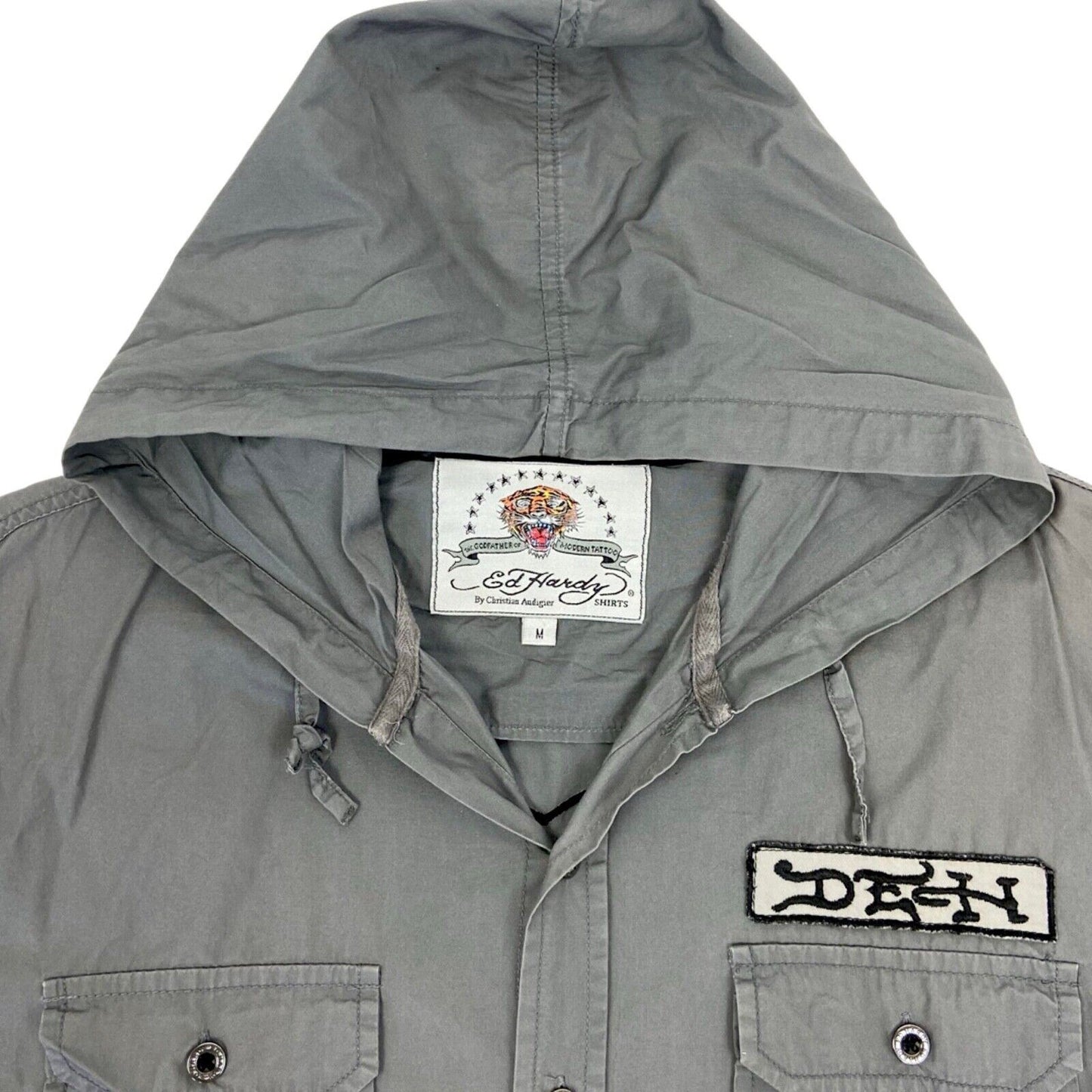 Vintage Y2K Grey Embroidered Skull Heart Ed Hardy Hooded Hooded Shirt M
