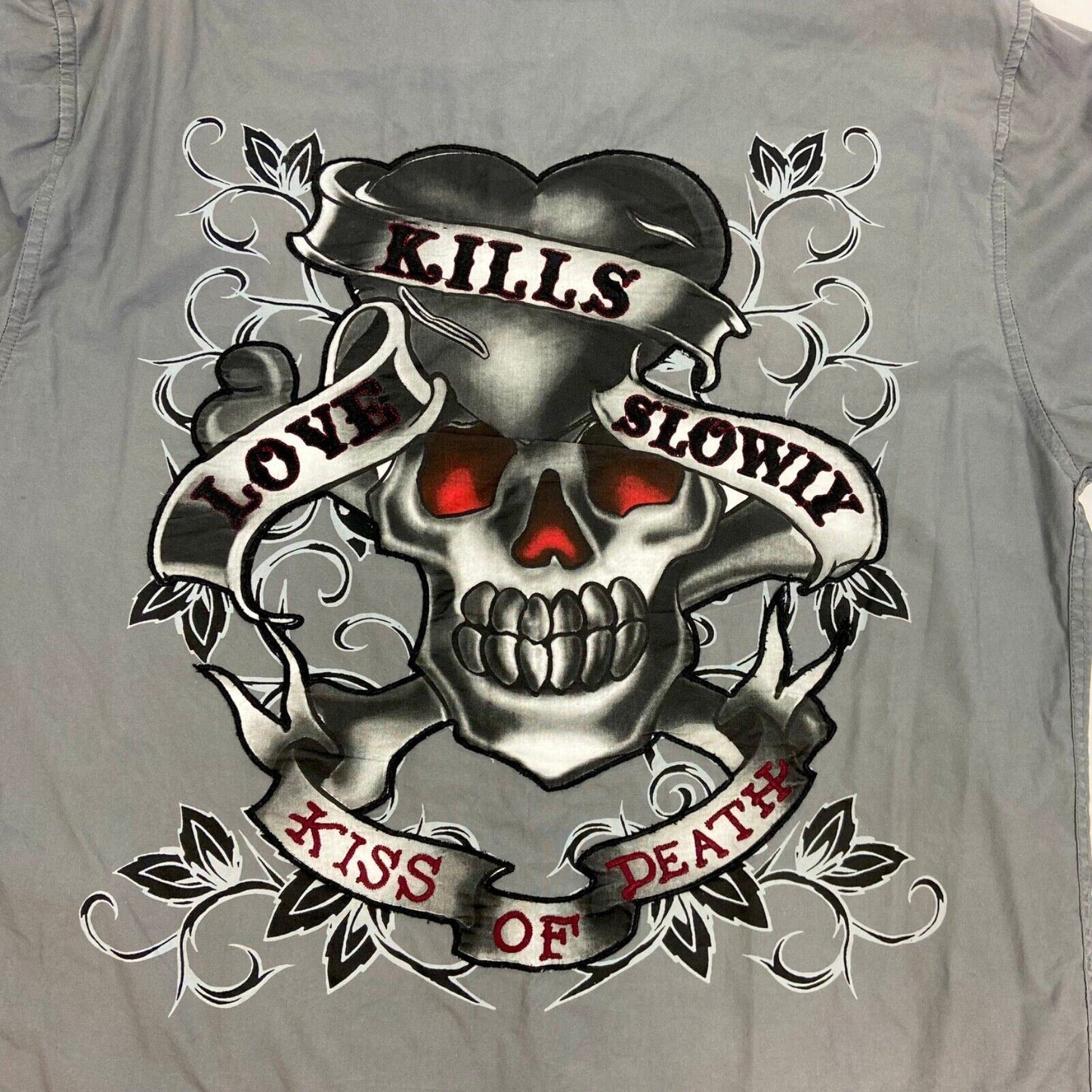 Vintage Y2K Grey Embroidered Skull Heart Ed Hardy Hooded Hooded Shirt M