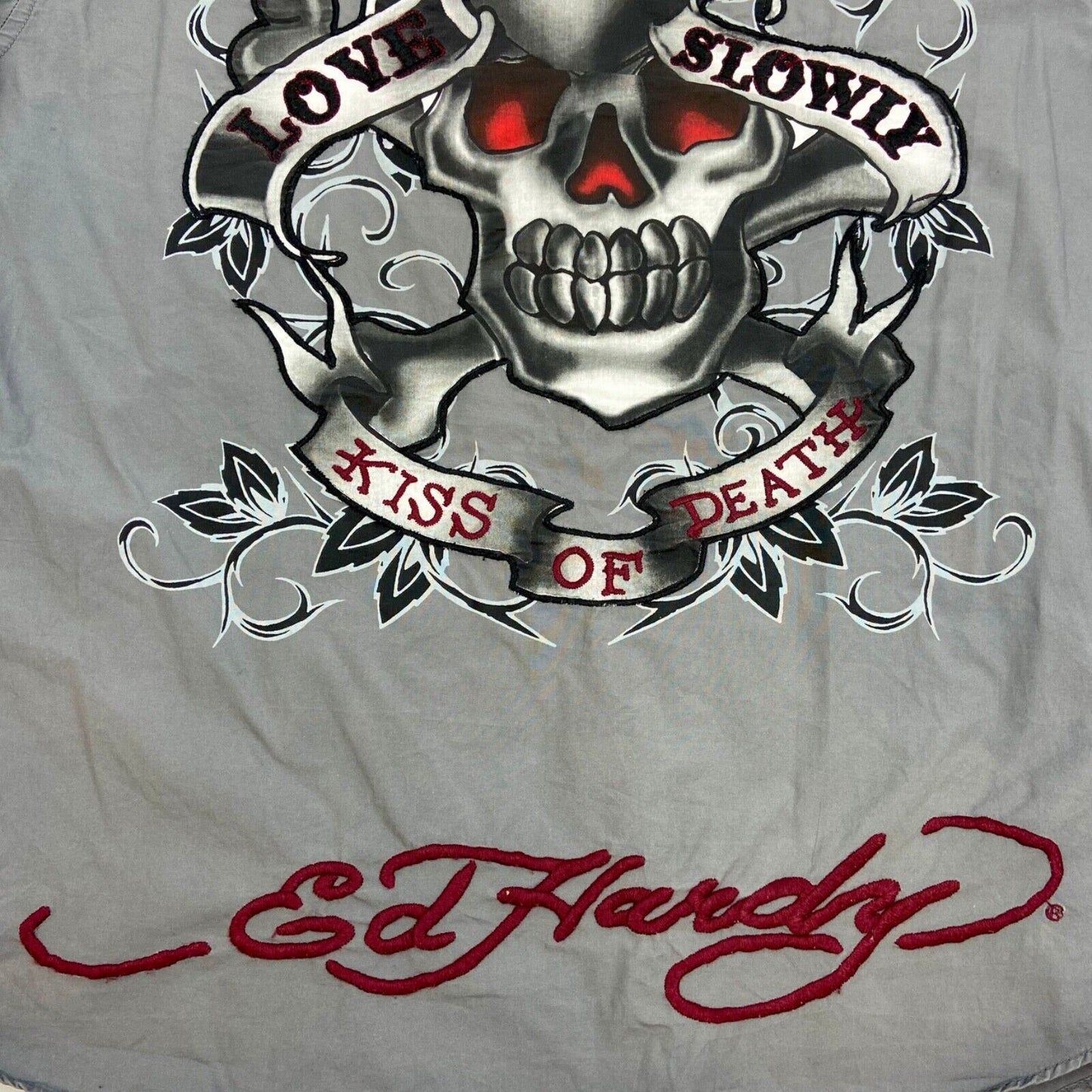 Vintage Y2K Grey Embroidered Skull Heart Ed Hardy Hooded Hooded Shirt M