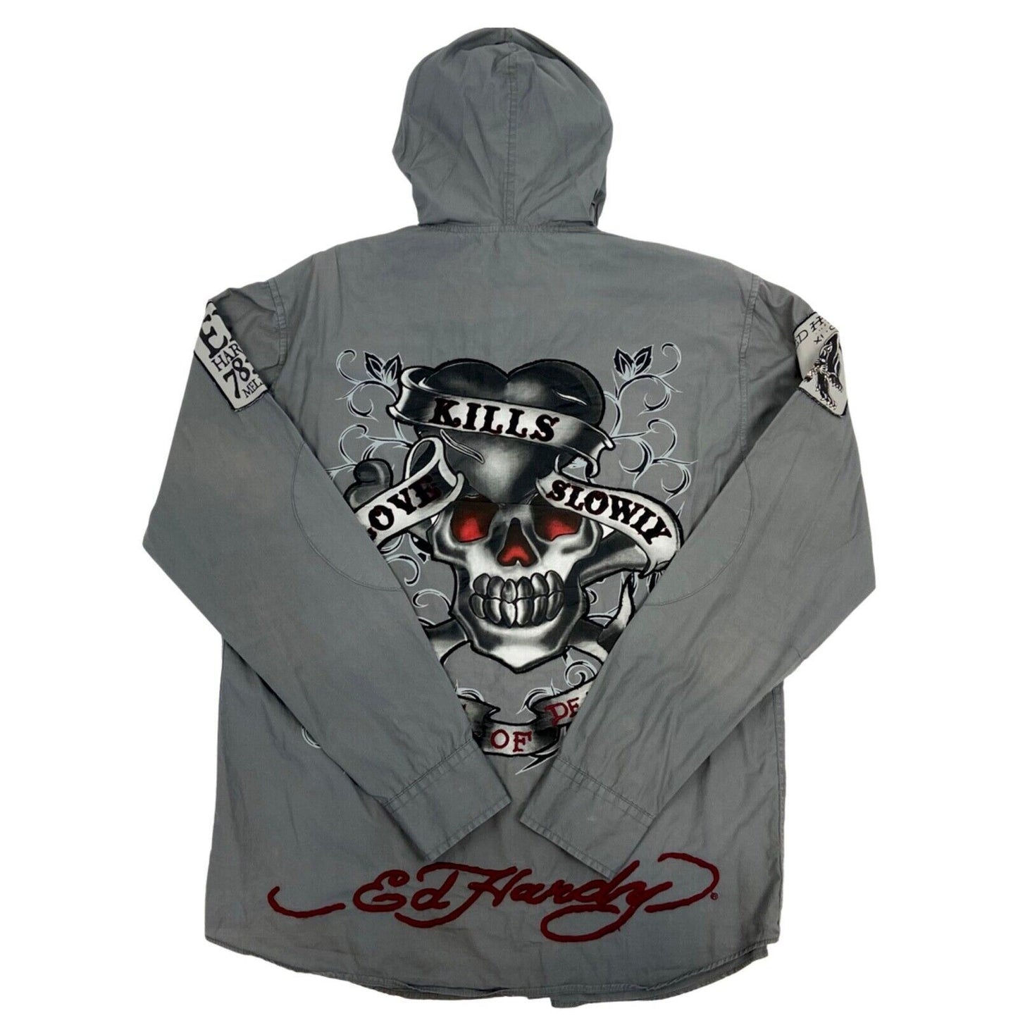 Vintage Y2K Grey Embroidered Skull Heart Ed Hardy Hooded Hooded Shirt M