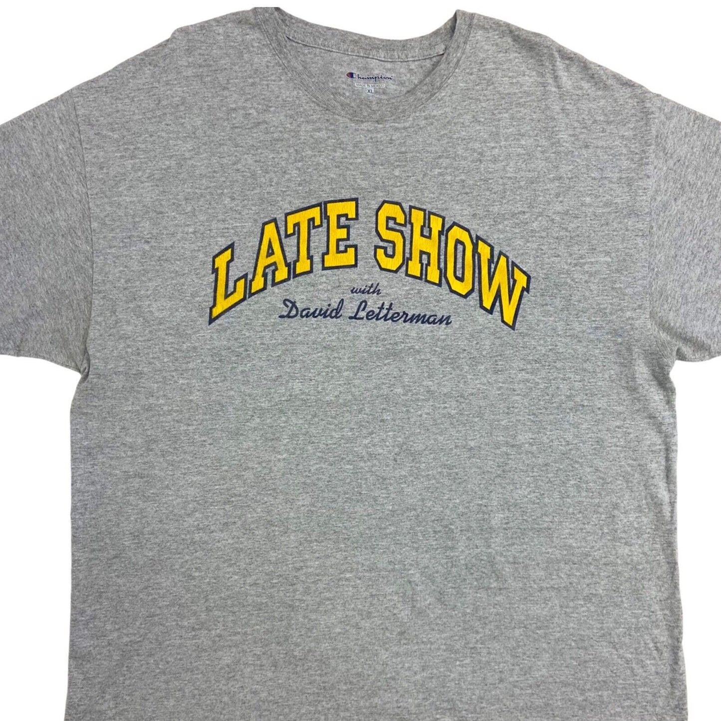 Vintage 90s Grey Yellow Late Show Champion Logo T-shirt XL