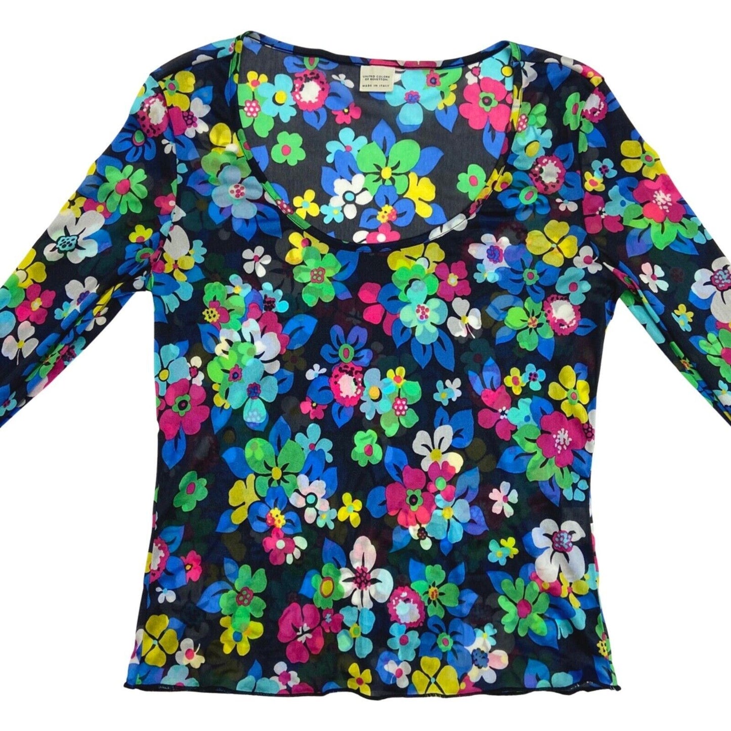 Vintage 90s Black Blue Pink Mesh Flower Print Long Sleeve Top 8 10 S