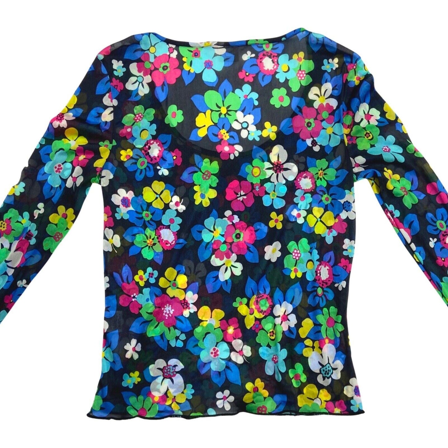 Vintage 90s Black Blue Pink Mesh Flower Print Long Sleeve Top 8 10 S