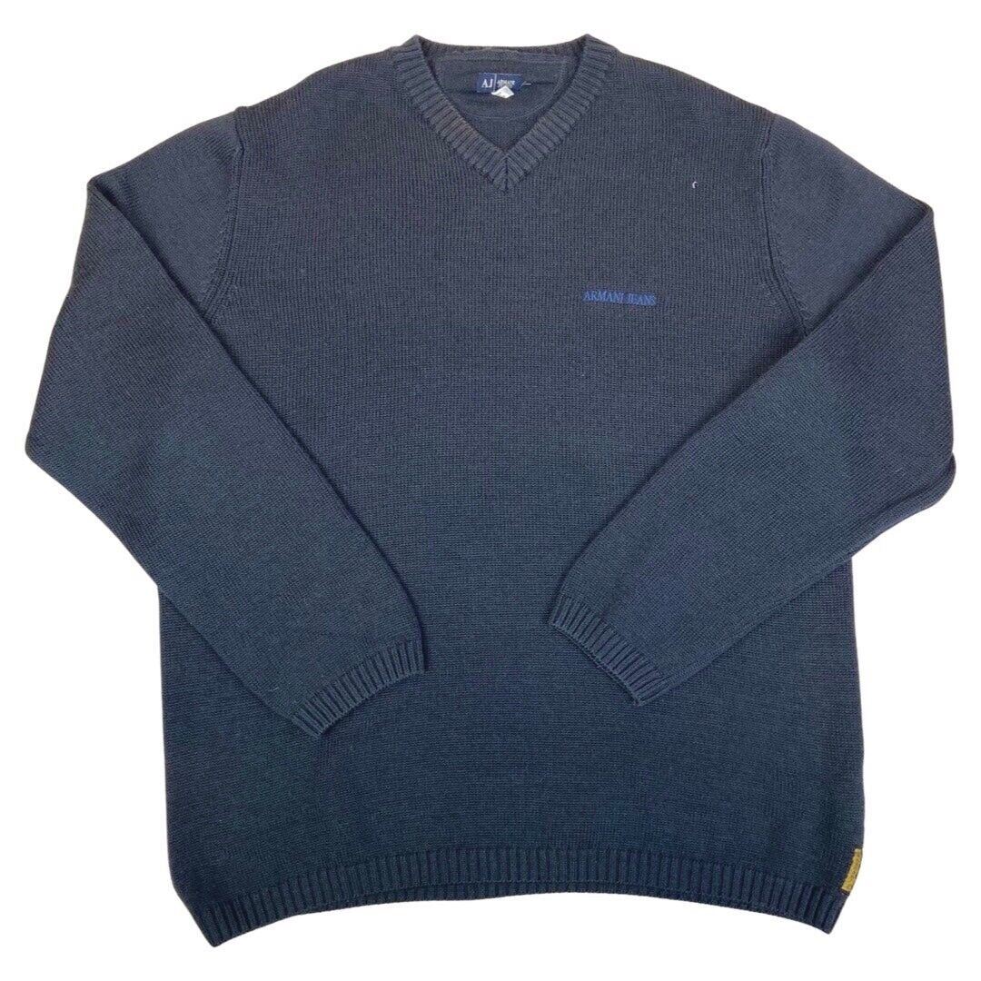 Vintage 90s 00s Navy Blue Embroidered Armani Jeans Knit Sweater L
